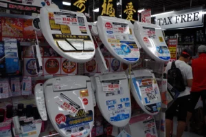 A variety of bidets on sale in Akihabara. One of the most innovative gadgets in Japan used in nearly every household